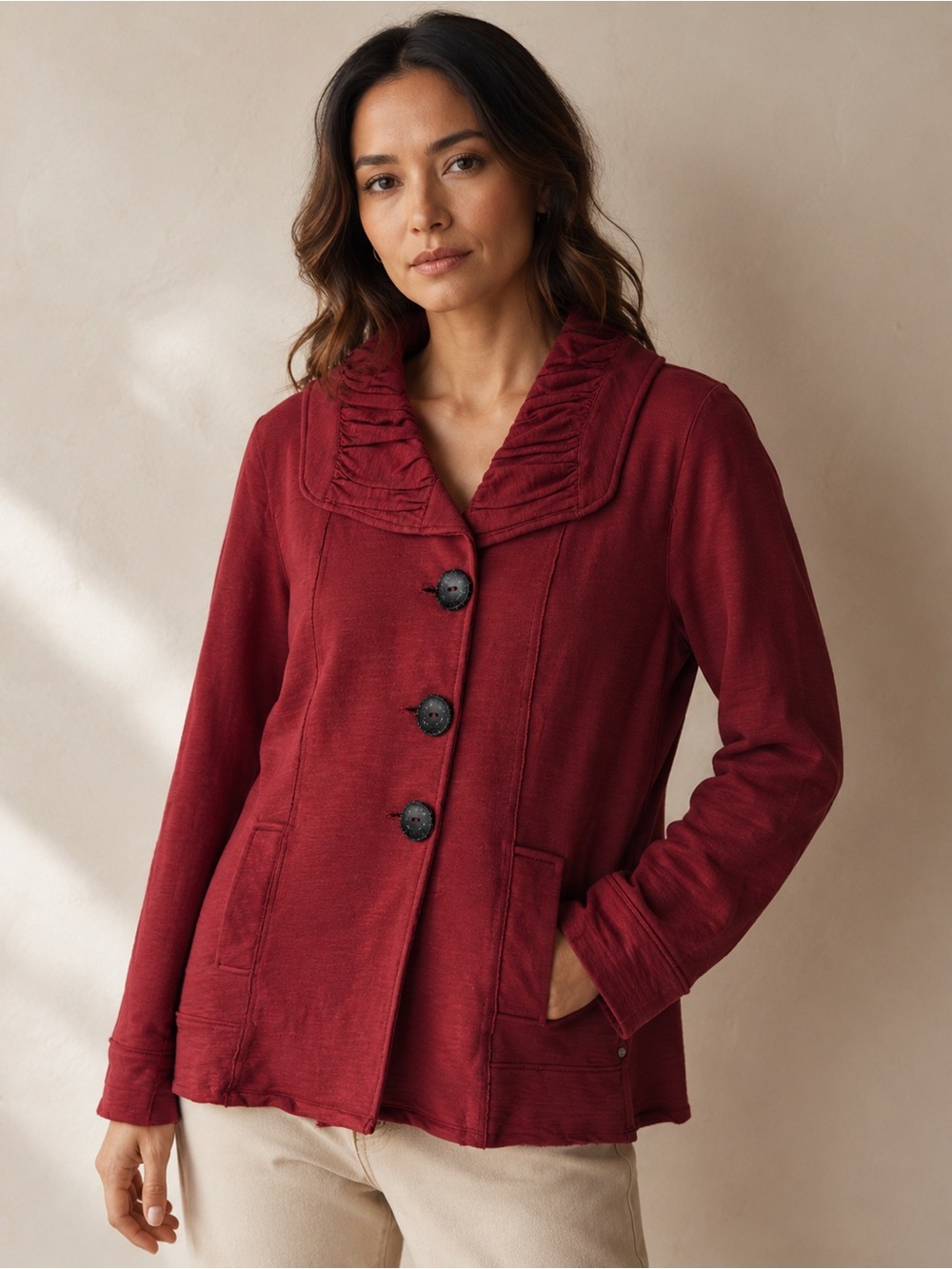 Neon Buddha 100% Cotton Textured Jacket Cardigan Size L Brick Red